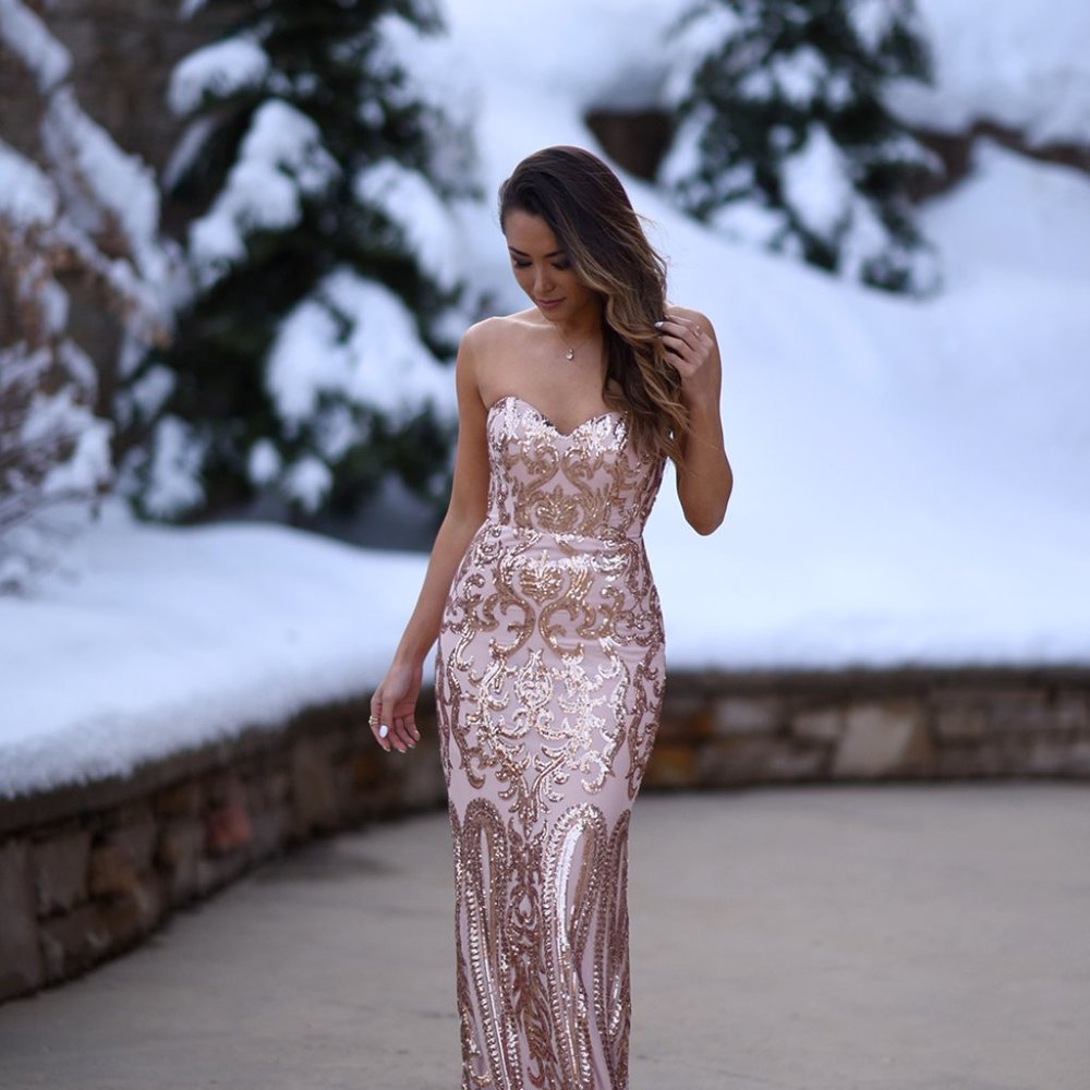 Bariano Rebecca Rose Gold Strapless Sequin Maxi Dress Size Small